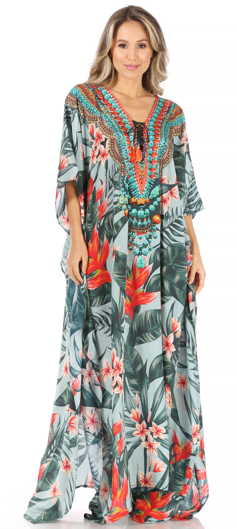 Sakkas Milanna Women's V neck Short Sleeve Vibrant Print Caftan Dress Cover-up