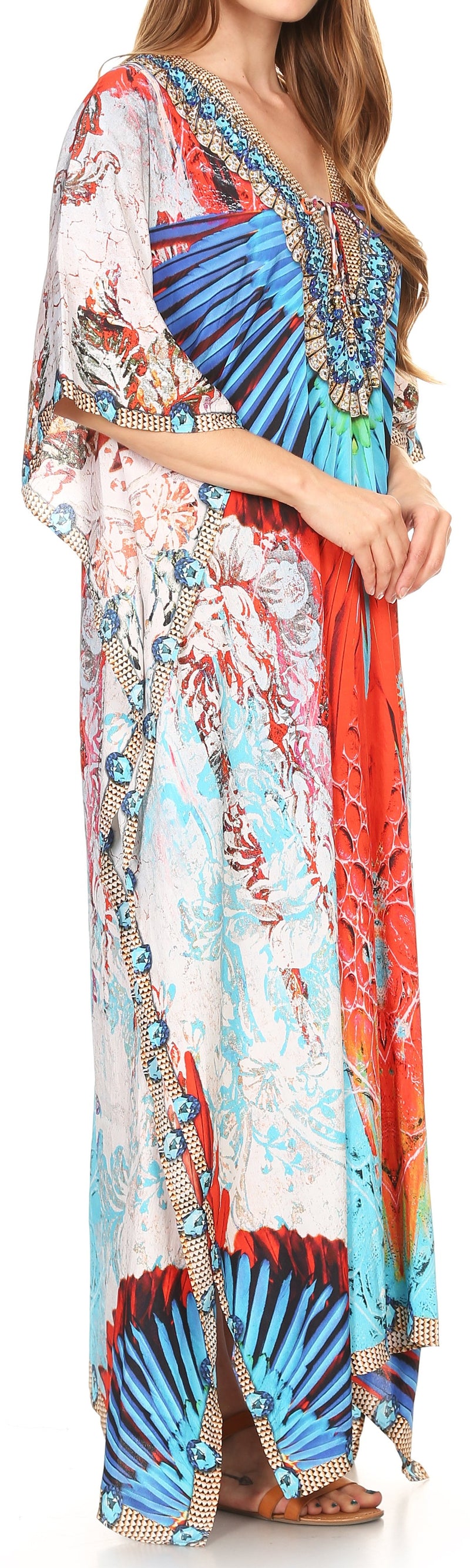 Sakkas Milanna Women's V neck Short Sleeve Vibrant Print Caftan Dress Cover-up