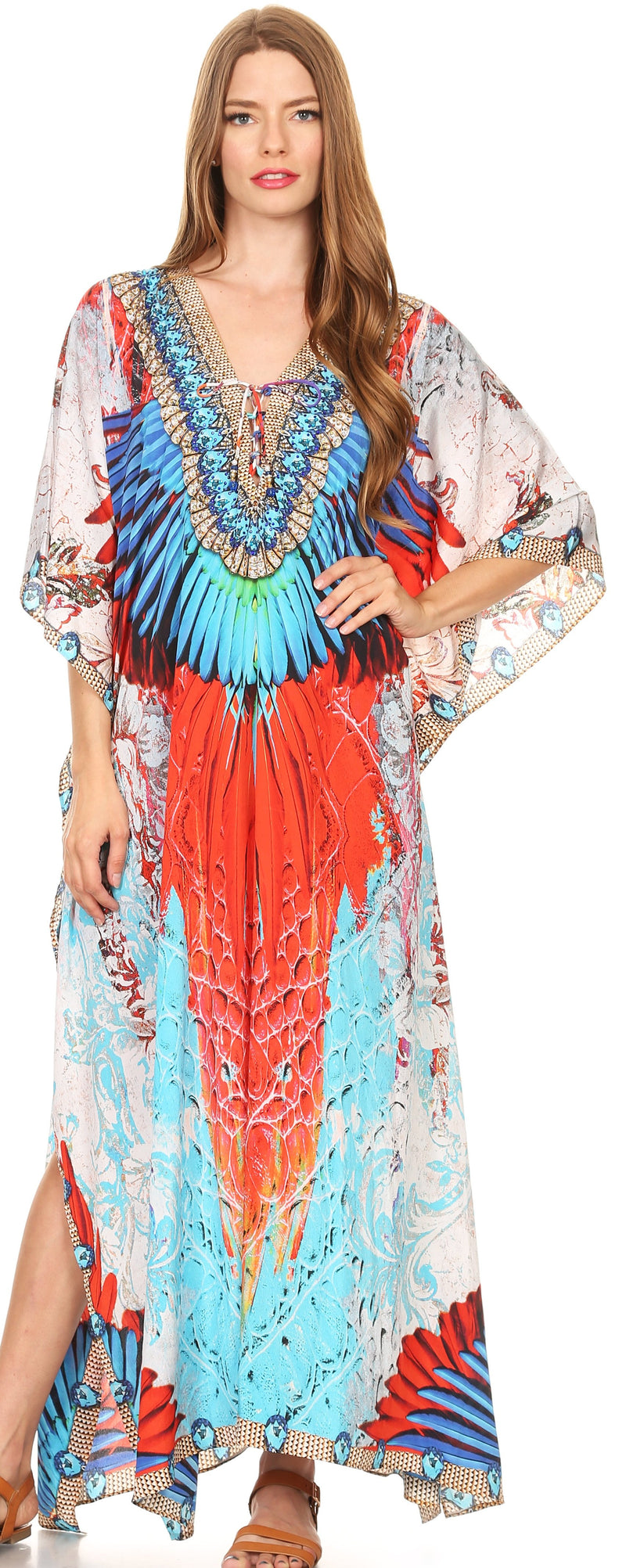 Sakkas Milanna Women's V neck Short Sleeve Vibrant Print Caftan Dress Cover-up