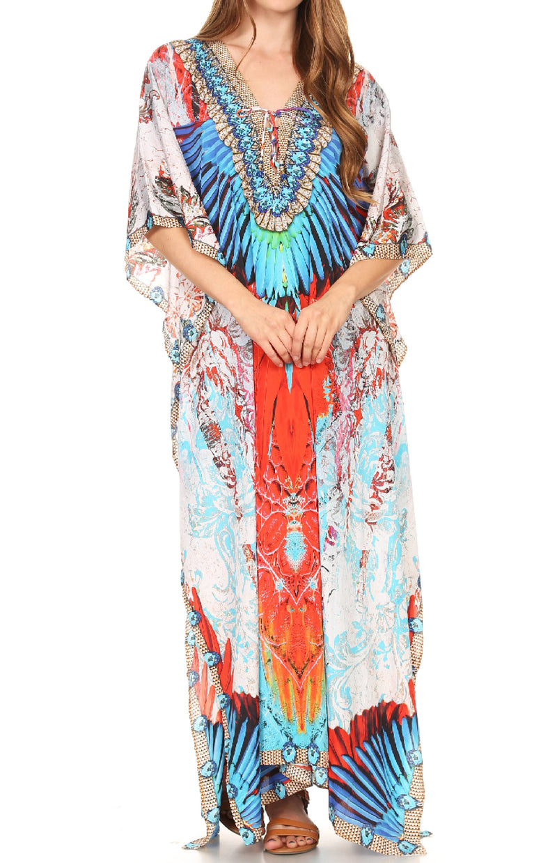 Sakkas Milanna Women's V neck Short Sleeve Vibrant Print Caftan Dress Cover-up