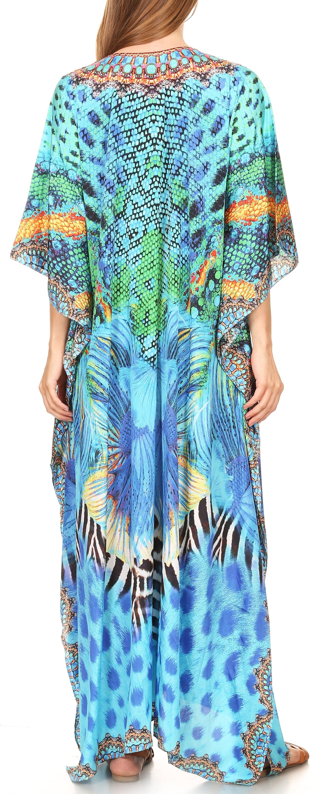 Sakkas Milanna Women's V neck Short Sleeve Vibrant Print Caftan Dress