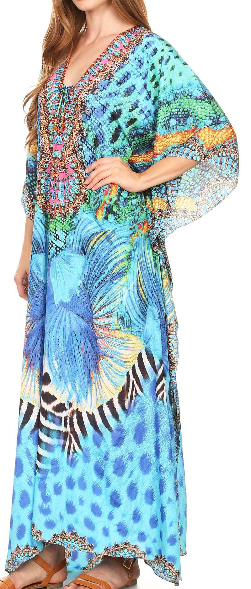 Sakkas Milanna Women's V neck Short Sleeve Vibrant Print Caftan Dress Cover-up