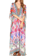 Sakkas Milanna Women's V neck Short Sleeve Vibrant Print Caftan Dress Cover-up#color_Print-12