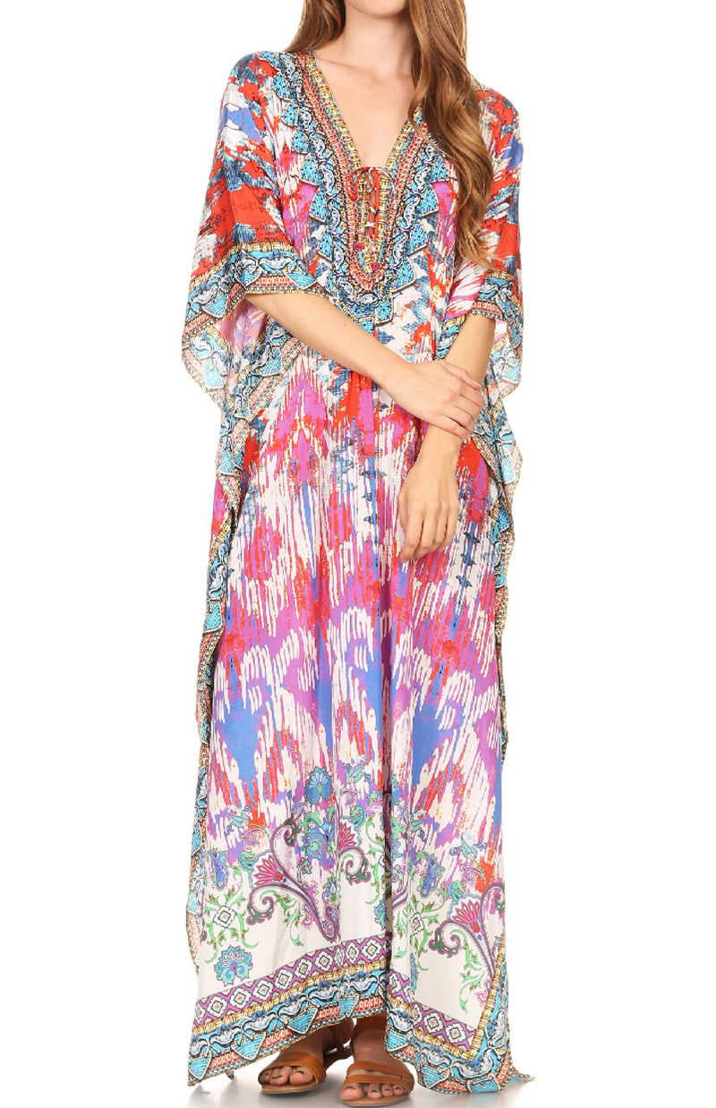 Sakkas Milanna Women's V neck Short Sleeve Vibrant Print Caftan Dress Cover-up