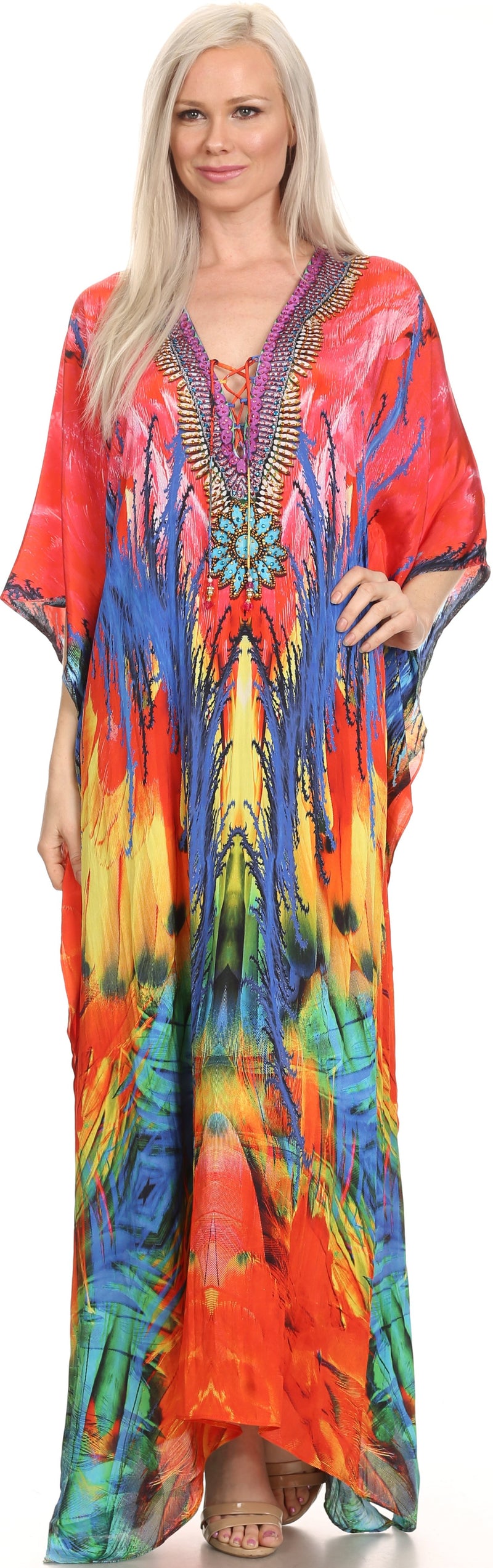 Sakkas Milanna Women's V neck Short Sleeve Vibrant Print Caftan Dress Cover-up