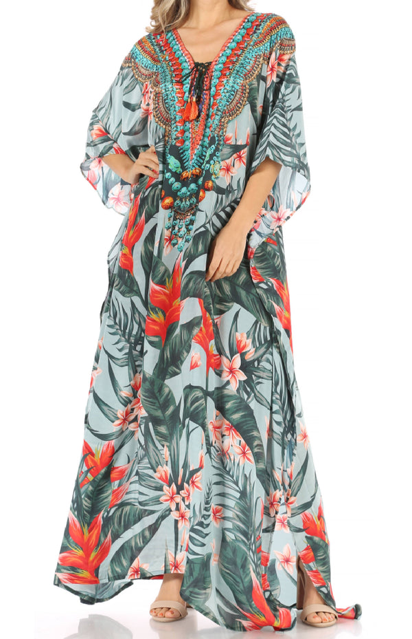 Sakkas Milanna Women's V neck Short Sleeve Vibrant Print Caftan Dress Cover-up#color_Print-1