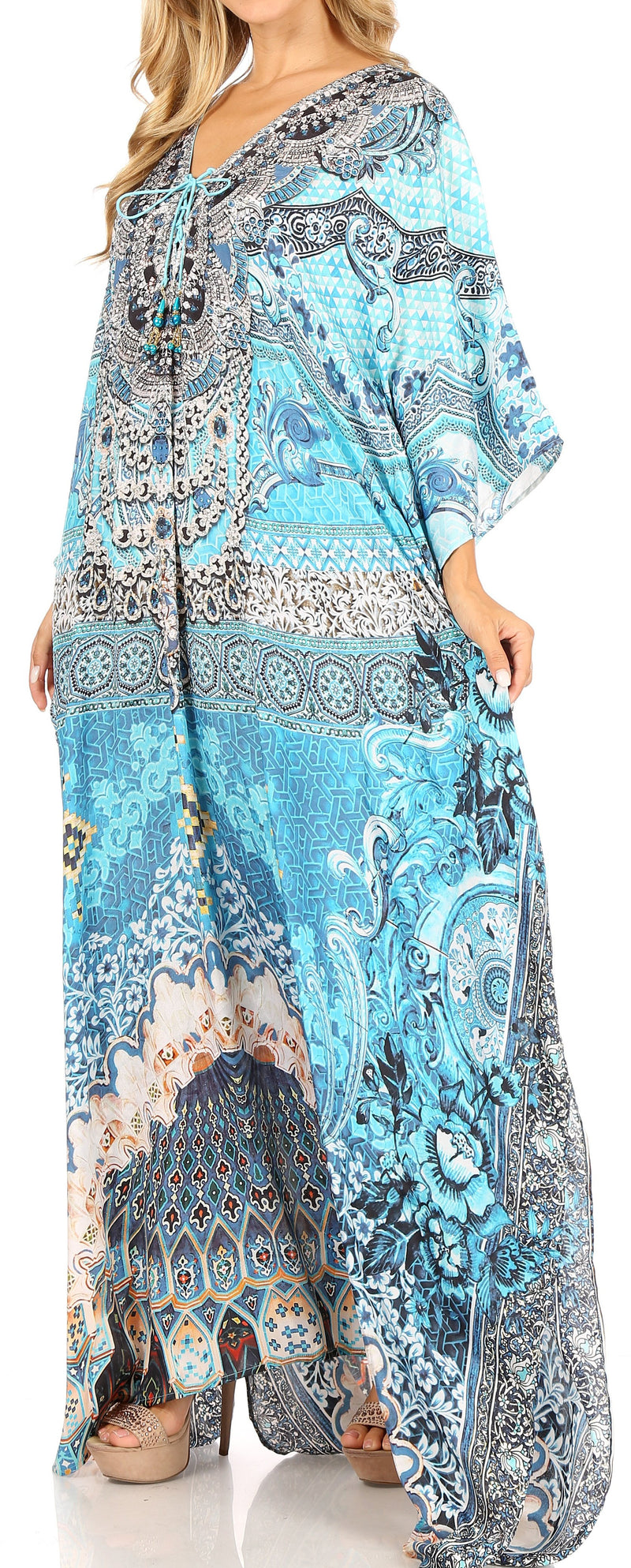 Sakkas Milanna Women's V neck Short Sleeve Vibrant Print Caftan Dress Cover-up