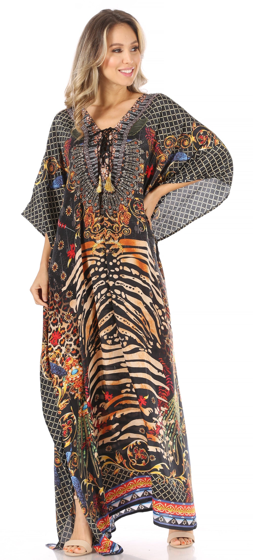 Sakkas Milanna Women's V neck Short Sleeve Vibrant Print Caftan Dress