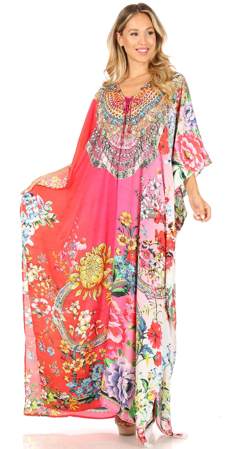 Sakkas Milanna Women's V neck Short Sleeve Vibrant Print Caftan Dress Cover-up