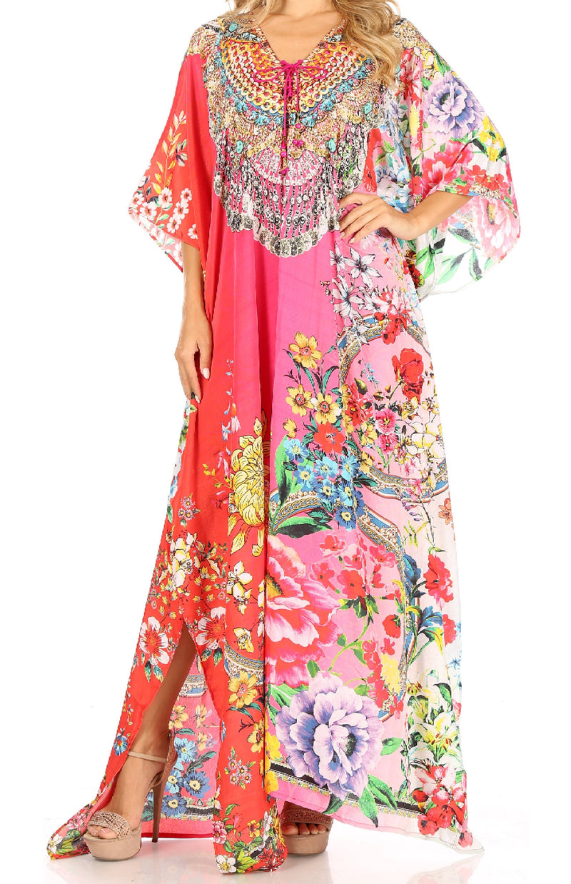 Sakkas Milanna Women's V neck Short Sleeve Vibrant Print Caftan Dress Cover-up