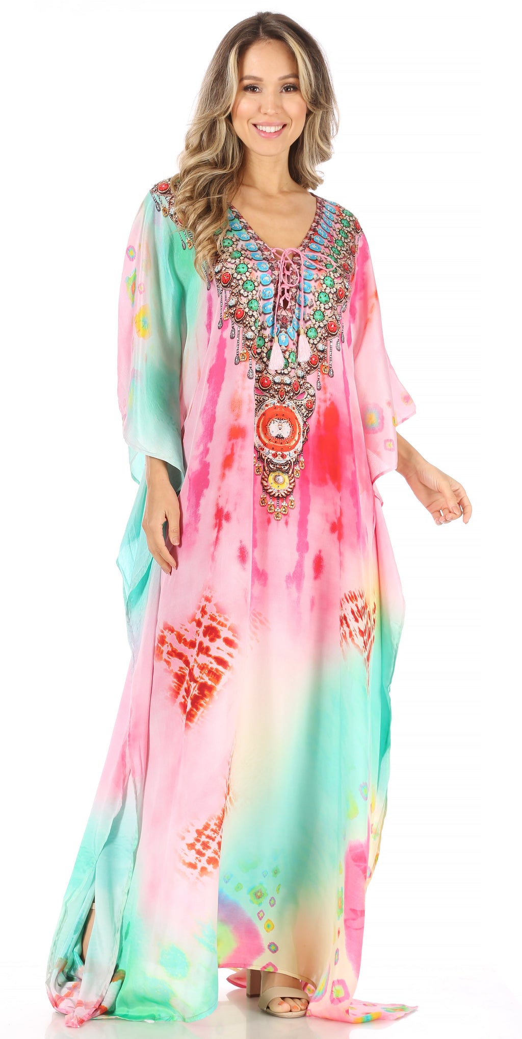 Sakkas Milanna Women's V neck Short Sleeve Vibrant Print Caftan Dress