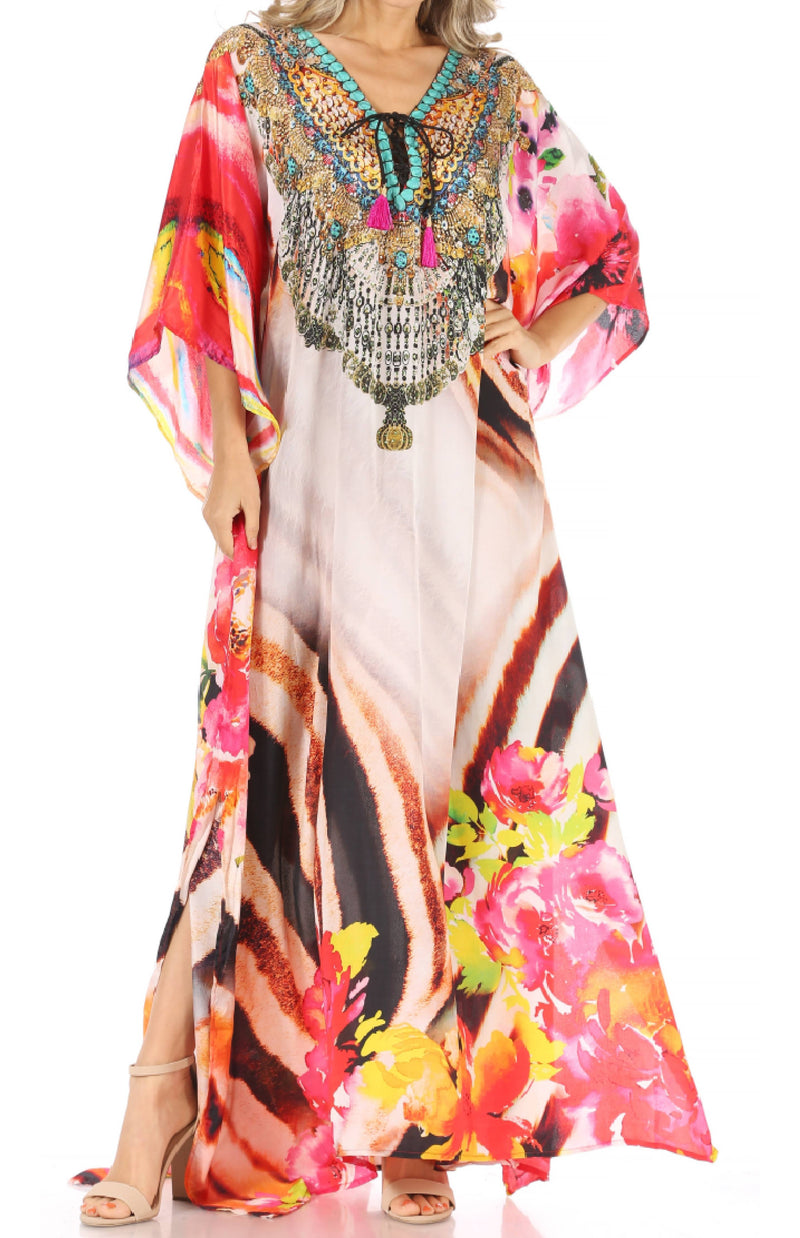 Sakkas Milanna Women's V neck Short Sleeve Vibrant Print Caftan Dress Cover-up