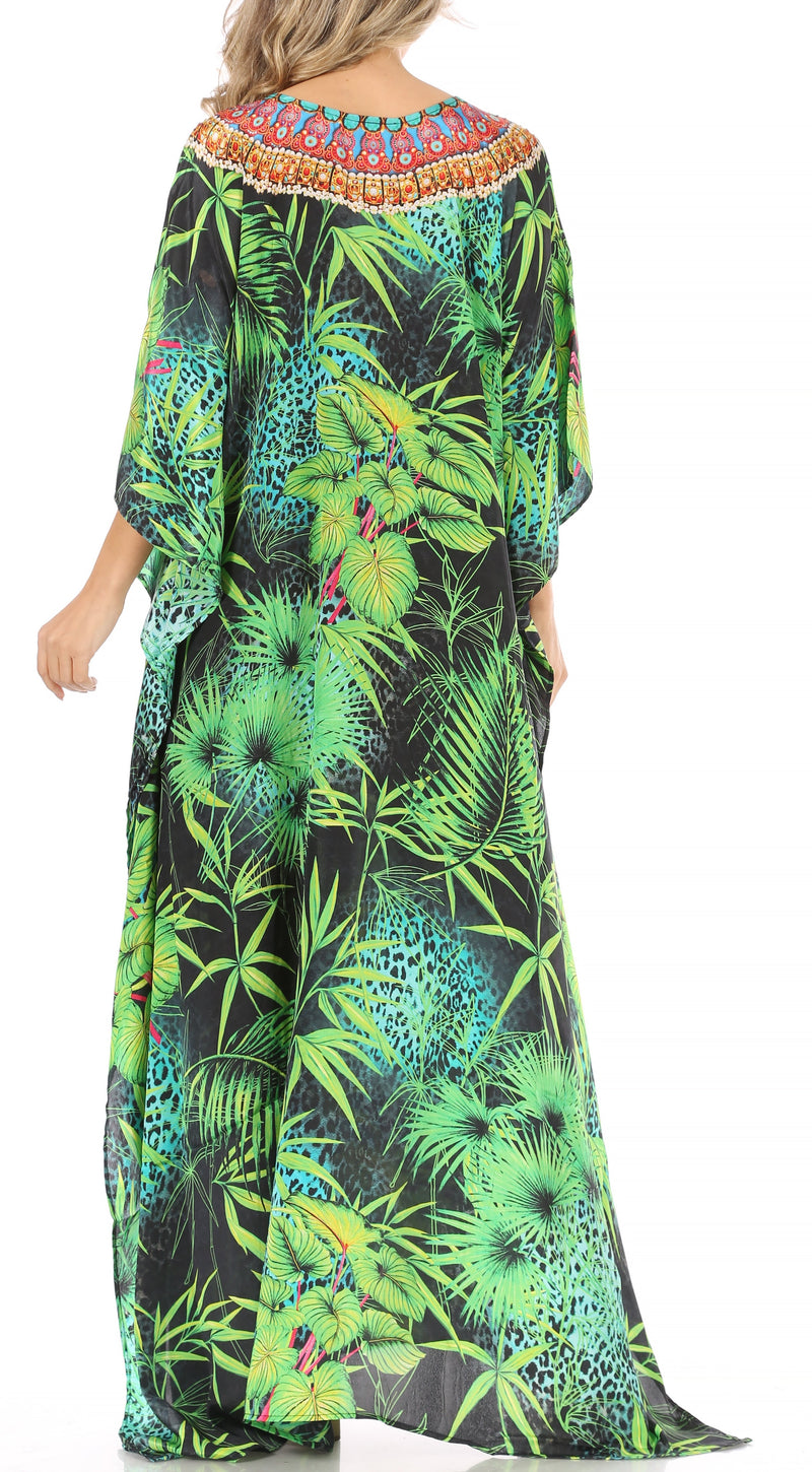 Sakkas Milanna Women's V neck Short Sleeve Vibrant Print Caftan Dress Cover-up