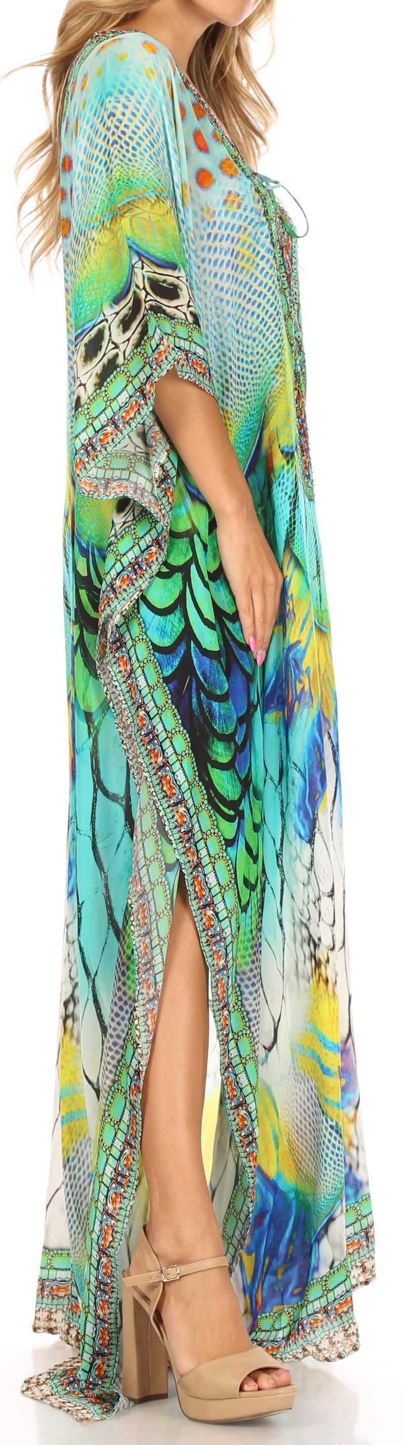 Sakkas Milanna Women's V neck Short Sleeve Vibrant Print Caftan Dress Cover-up