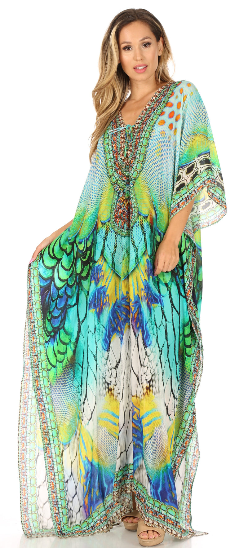 Sakkas Milanna Women's V neck Short Sleeve Vibrant Print Caftan Dress Cover-up