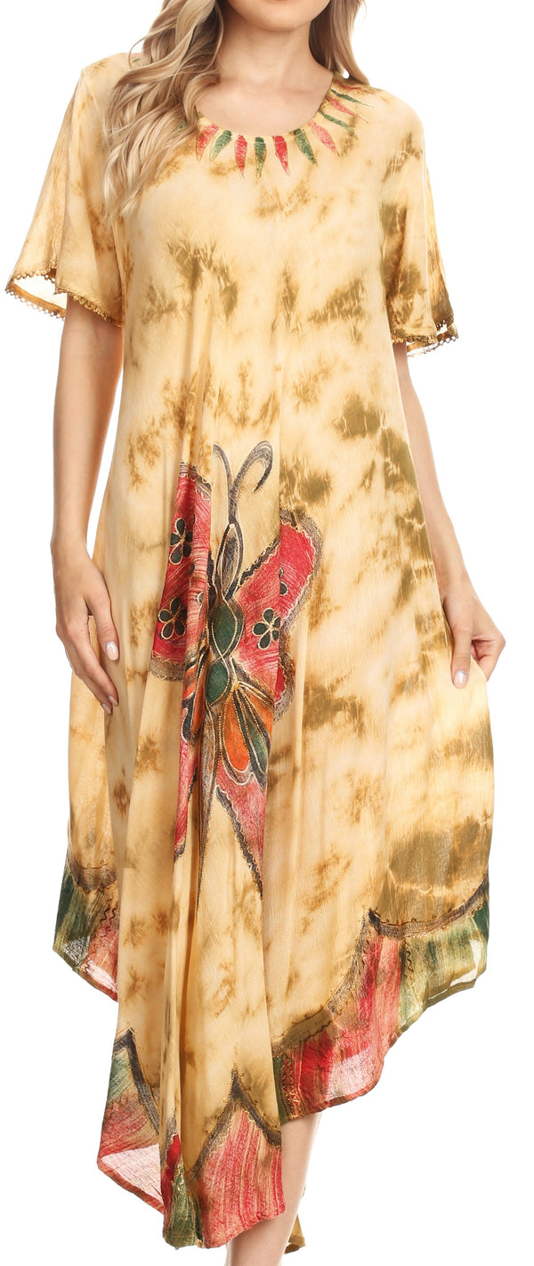 Sakkas Nalani Womens Flowy Caftan Tie Dye Summer Dress Cover up Relax Fit#color_Beige