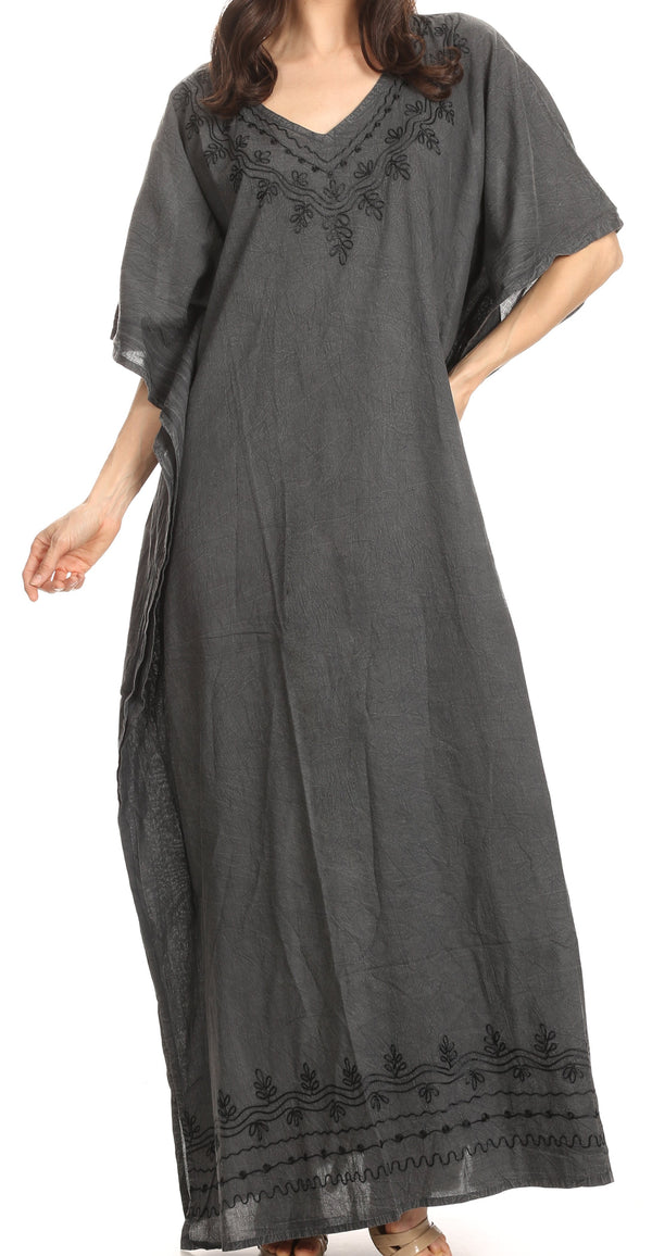Sakkas Favi Womens Casual Long Maxi Dress Caftan Cover Up Loungewear in Cotton#color_1-Black