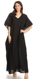 Sakkas Favi Womens Casual Long Maxi Dress Caftan Cover Up Loungewear in Cotton#color_Black