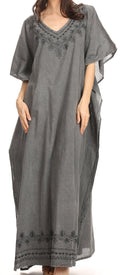 Sakkas Favi Womens Casual Long Maxi Dress Caftan Cover Up Loungewear in Cotton#color_LightGrey