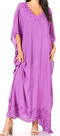 Sakkas Favi Womens Casual Long Maxi Dress Caftan Cover Up Loungewear in Cotton#color_Purple