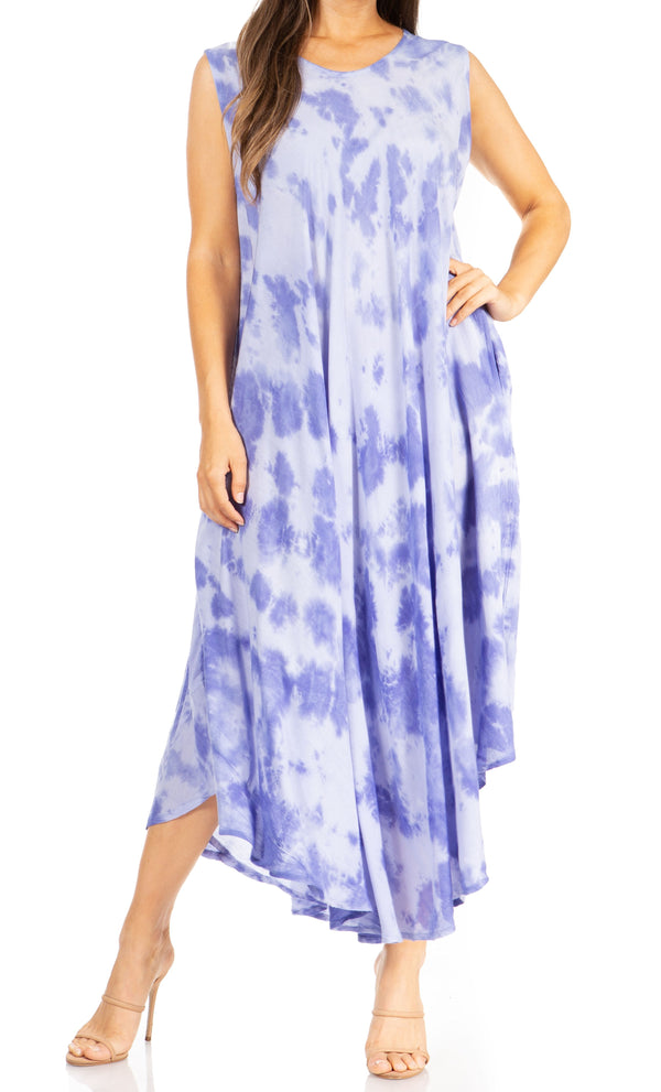 Sakkas Starlight Second Caftan Tank Dress/Cover Up Tie Dye Womens Beach Kaftan #color_36-Blue