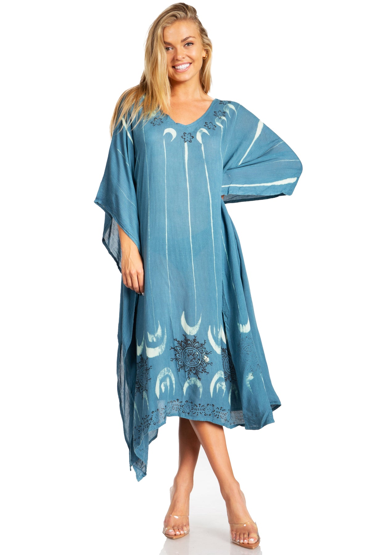 Robe Caftan Femme Sakkas - Taille Unique (buste Jusqu'à 142 Cm) - Tissu Léger En Rayonne - Col V, Manches Courtes - Style Bohème