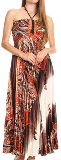 Sakkas Vanna Strapless Pleated Satin Summer Mid Dress Adjustable#color_Brown