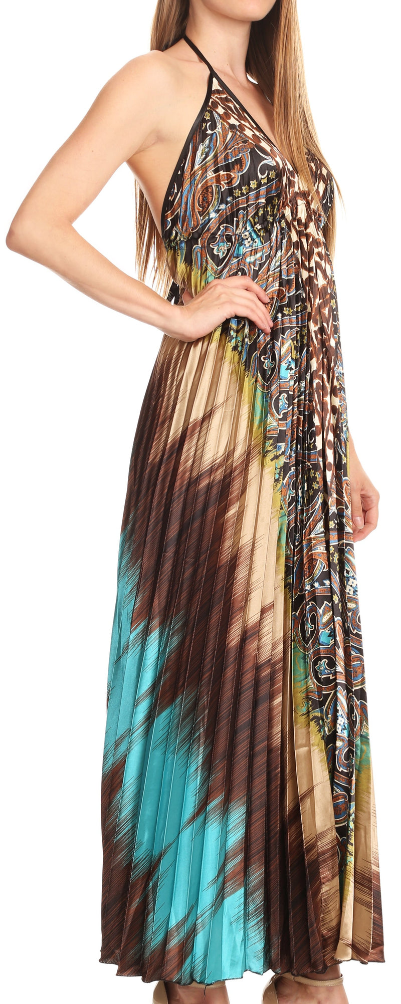Sakkas Zira Adjustable Long Pleated Empire Waist Dress Paisley Evening Satin