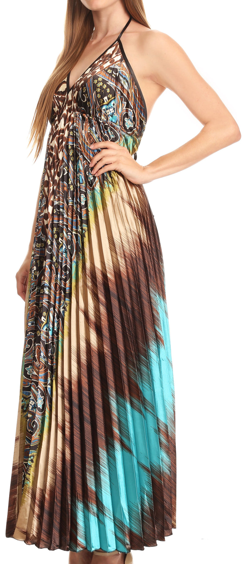 Sakkas Zira Adjustable Long Pleated Empire Waist Dress Paisley Evening Satin