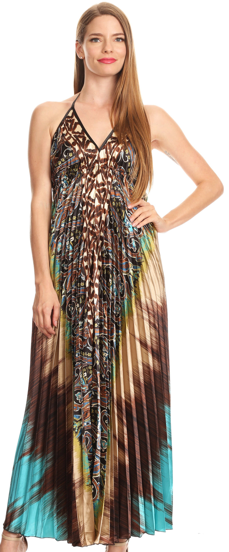 Sakkas Zira Adjustable Long Pleated Empire Waist Dress Paisley Evening Satin