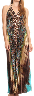 Sakkas Zira Adjustable Long Pleated Empire Waist Dress Paisley Evening Satin#color_Brown/Turq 