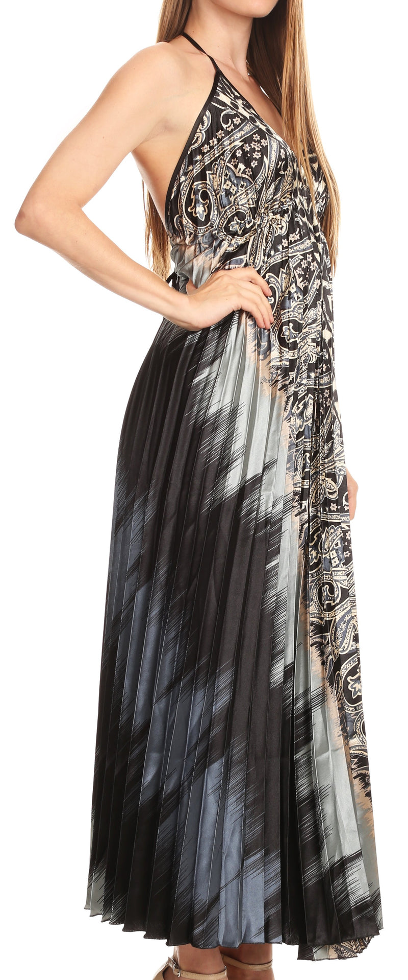Sakkas Zira Adjustable Long Pleated Empire Waist Dress Paisley Evening Satin