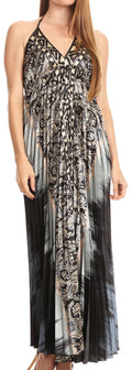 Sakkas Zira Adjustable Long Pleated Empire Waist Dress Paisley Evening Satin#color_Ivory/slate-blue 