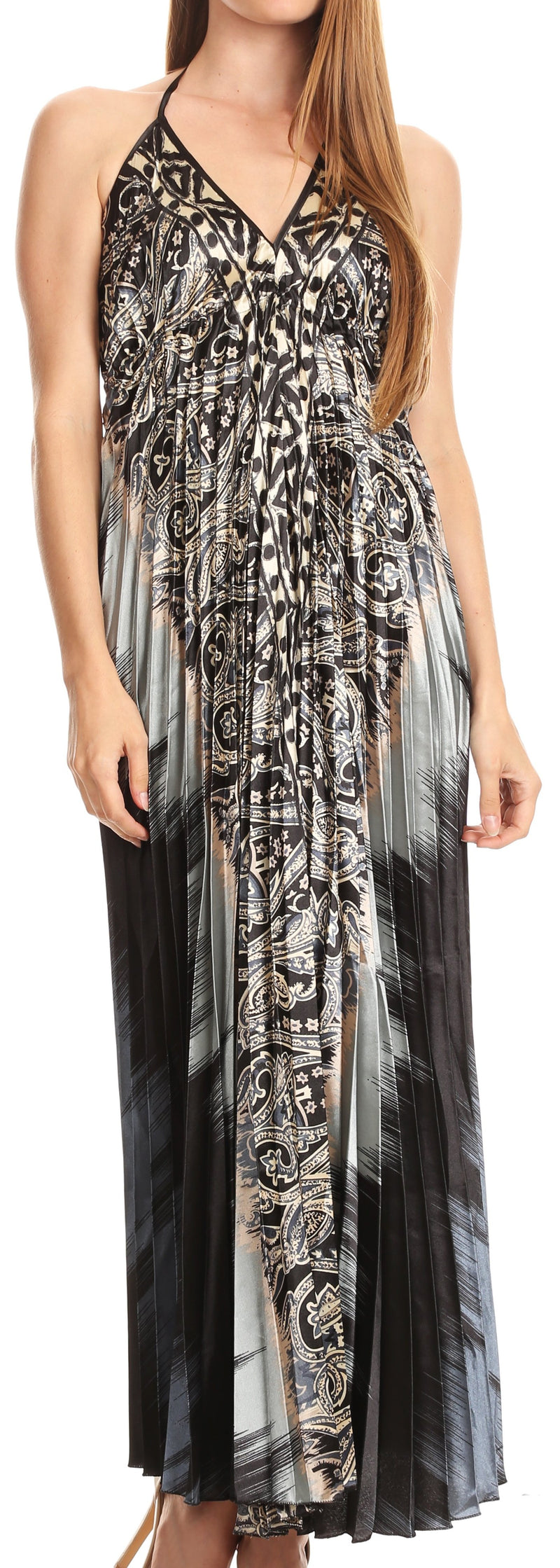 Sakkas Zira Adjustable Long Pleated Empire Waist Dress Paisley Evening Satin