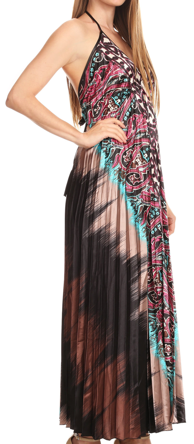 Sakkas Zira Adjustable Long Pleated Empire Waist Dress Paisley Evening Satin