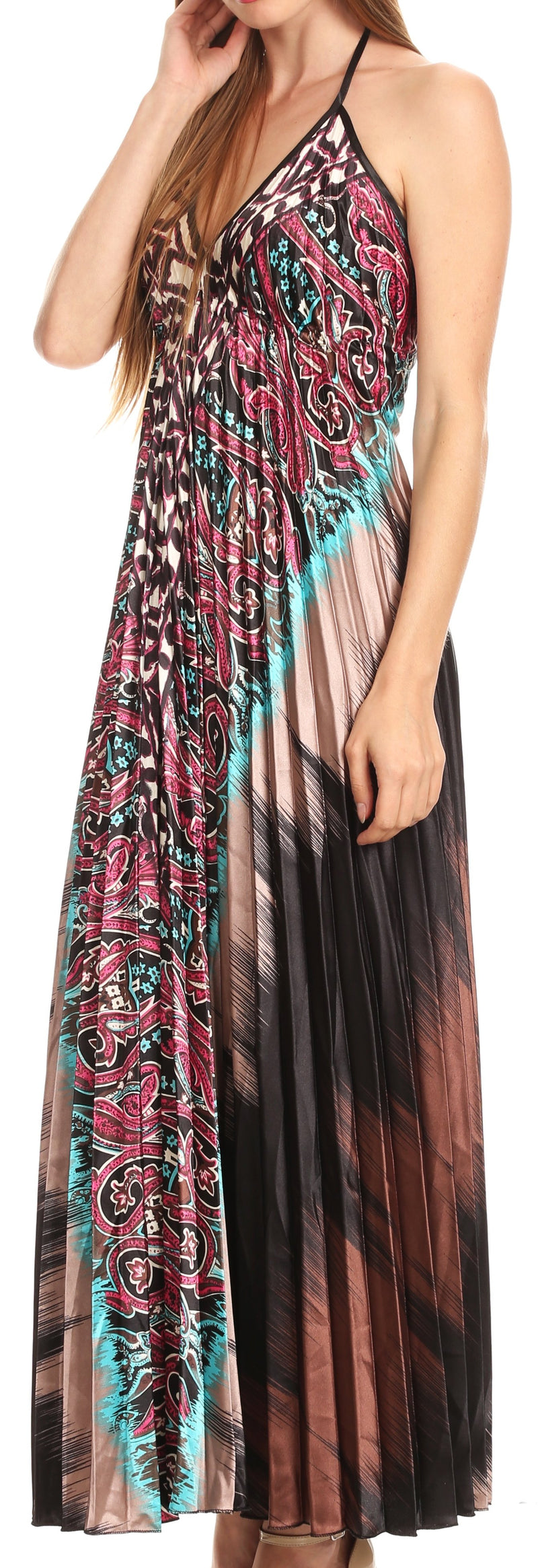 Sakkas Zira Adjustable Long Pleated Empire Waist Dress Paisley Evening Satin