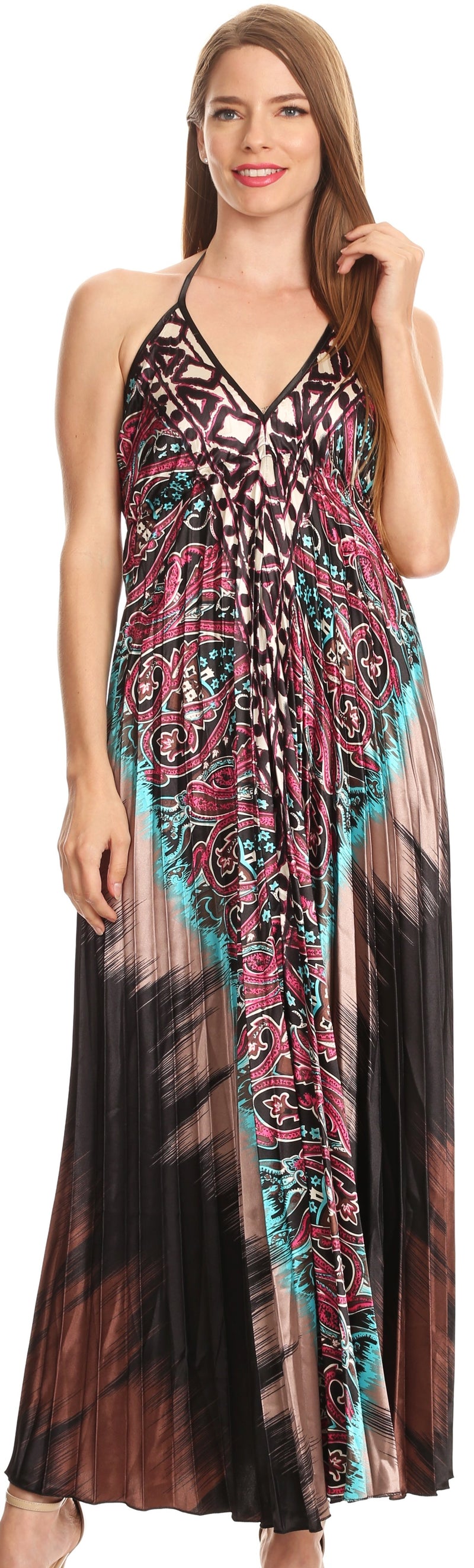Sakkas Zira Adjustable Long Pleated Empire Waist Dress Paisley Evening Satin