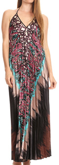 Sakkas Zira Adjustable Long Pleated Empire Waist Dress Paisley Evening Satin#color_Fuchsia/brown 
