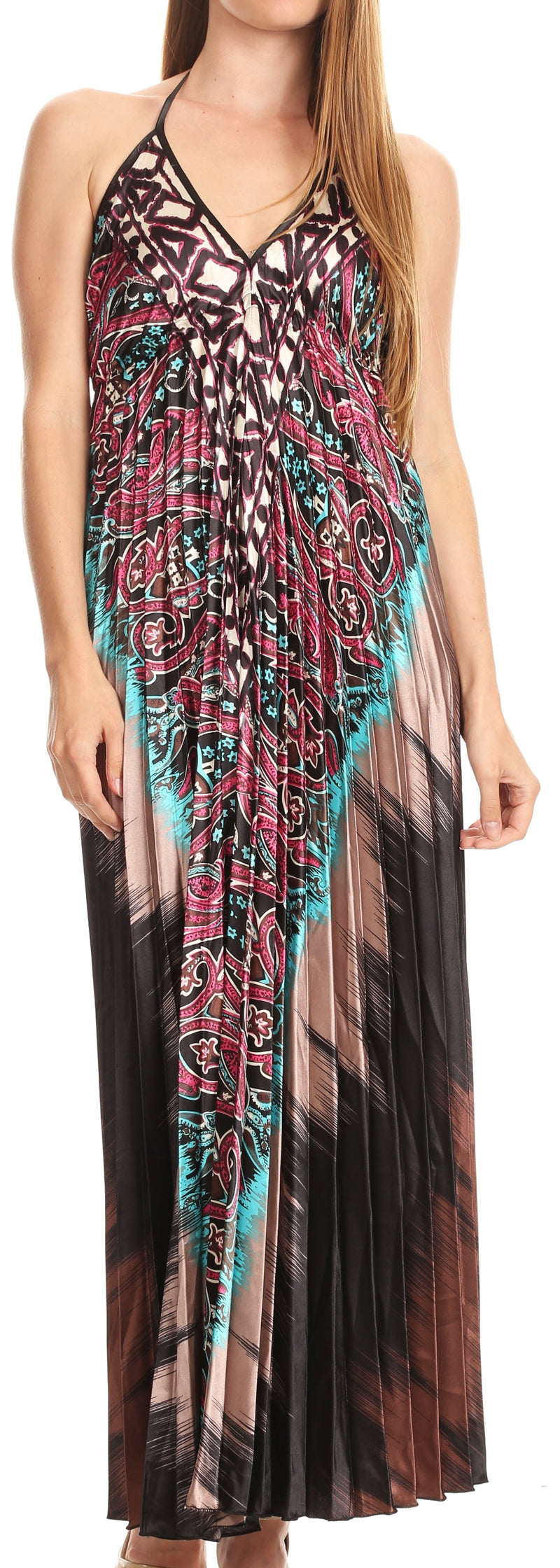 Sakkas Zira Adjustable Long Pleated Empire Waist Dress Paisley Evening Satin