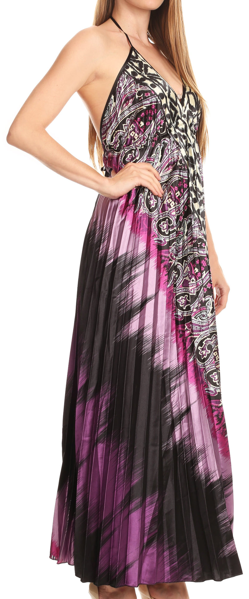 Sakkas Zira Adjustable Long Pleated Empire Waist Dress Paisley Evening Satin