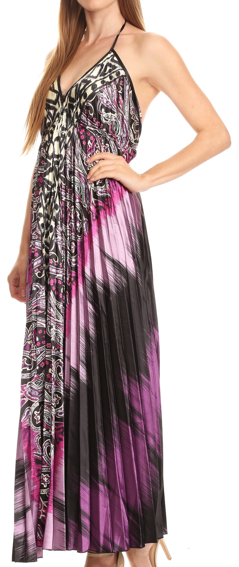 Sakkas Zira Adjustable Long Pleated Empire Waist Dress Paisley Evening Satin