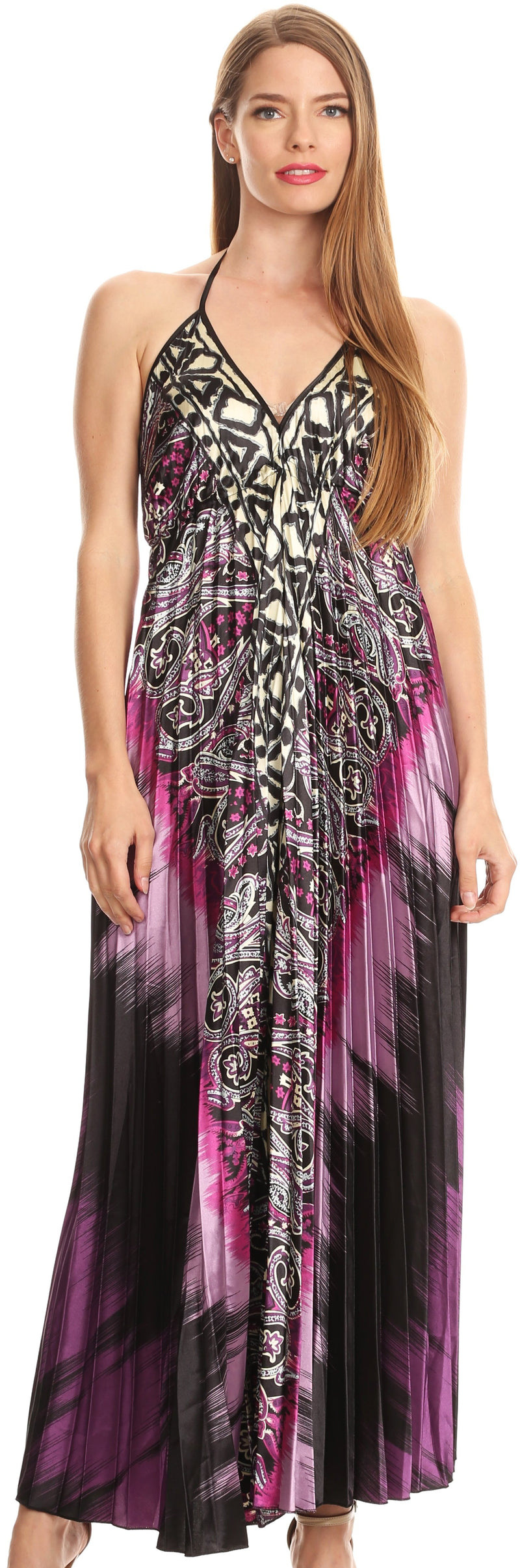 Sakkas Zira Adjustable Long Pleated Empire Waist Dress Paisley Evening Satin