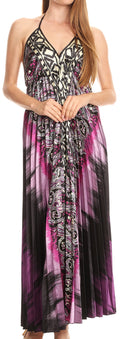 Sakkas Zira Adjustable Long Pleated Empire Waist Dress Paisley Evening Satin#color_Fuchsia/purple 