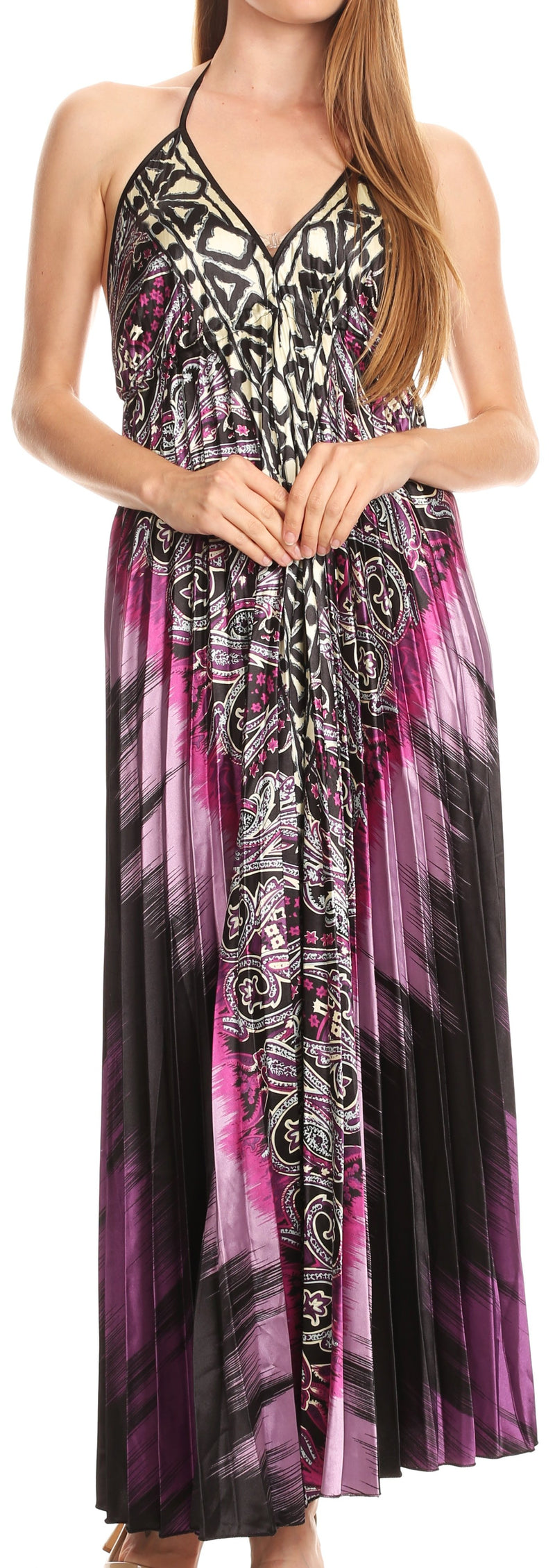 Sakkas Zira Adjustable Long Pleated Empire Waist Dress Paisley Evening Satin