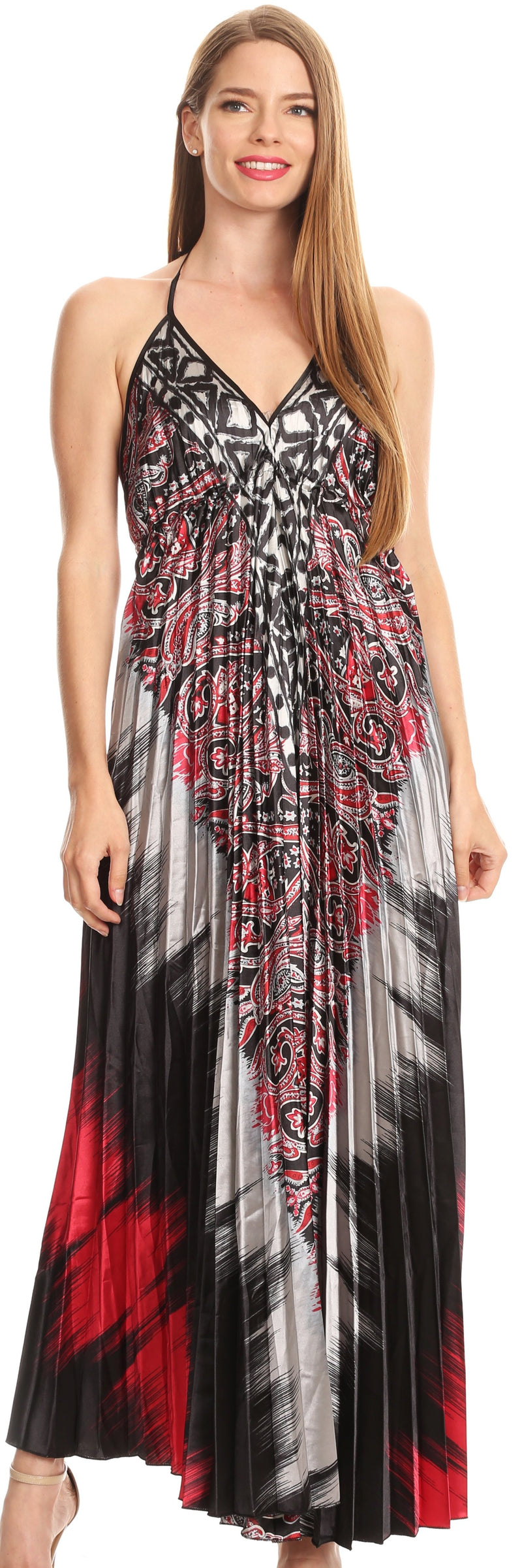 Sakkas Zira Adjustable Long Pleated Empire Waist Dress Paisley Evening Satin