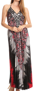 Sakkas Zira Adjustable Long Pleated Empire Waist Dress Paisley Evening Satin#color_Grey/red 