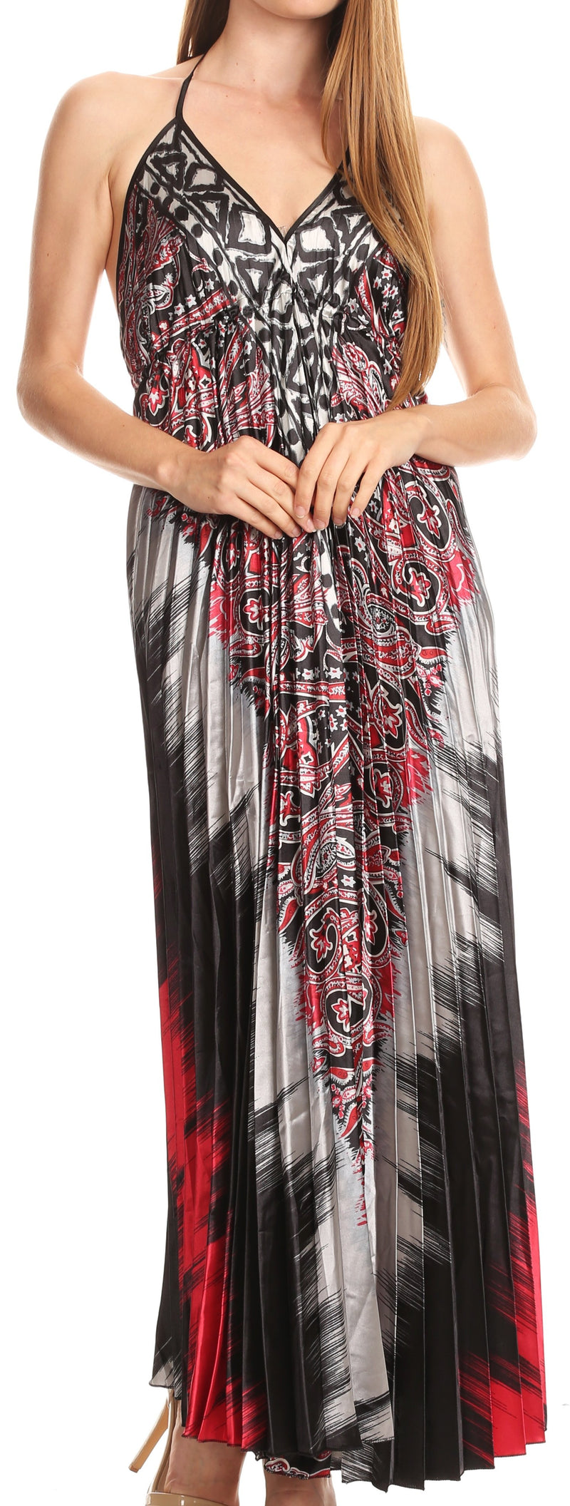 Sakkas Zira Adjustable Long Pleated Empire Waist Dress Paisley Evening Satin
