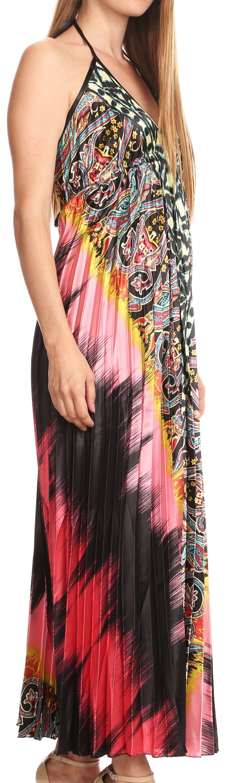 Sakkas Zira Adjustable Long Pleated Empire Waist Dress Paisley Evening Satin
