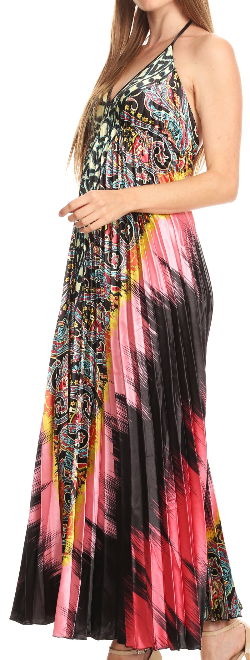 Sakkas Zira Adjustable Long Pleated Empire Waist Dress Paisley Evening Satin