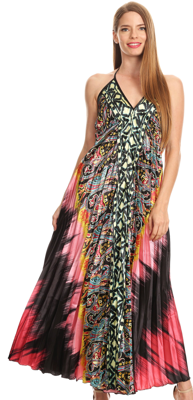 Sakkas Zira Adjustable Long Pleated Empire Waist Dress Paisley Evening Satin